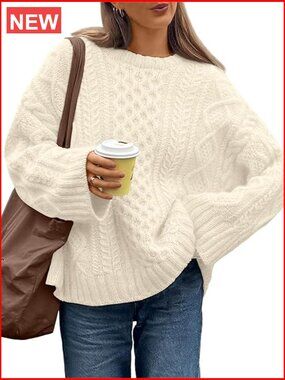 Oversized Cable Knit Pullover Sweater for Women Fall Fashion Crewneck